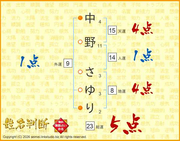 中野さゆりさんの運勢 姓名判断 名前の画数から無料で