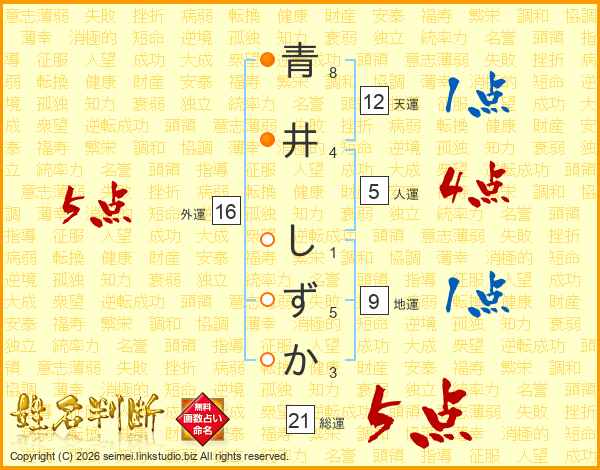 青井しずかさんの運勢 姓名判断 名前の画数から無料で