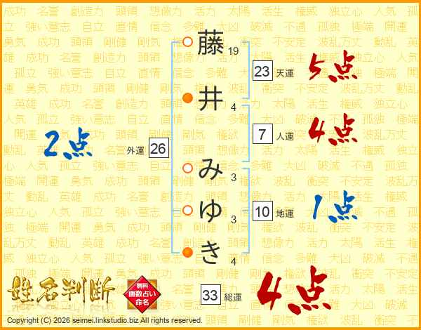 藤井みゆきさんの運勢 姓名判断 名前の画数から無料で