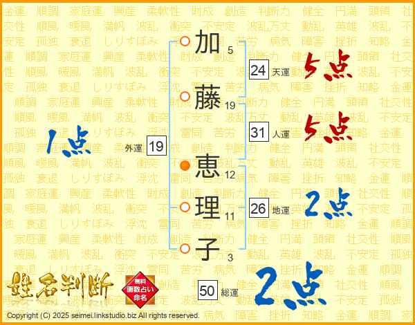加藤恵理子さんの運勢 姓名判断 名前の画数から無料で
