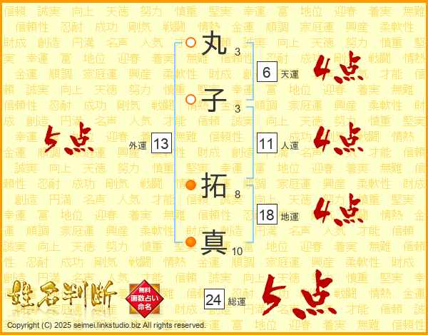 丸子拓真さんの運勢 姓名判断 名前の画数から無料で