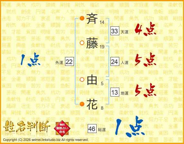 斉藤由花さんの運勢 姓名判断 名前の画数から無料で