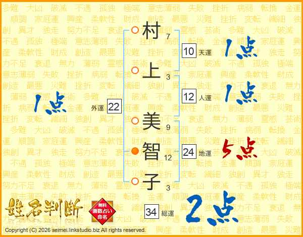 村上美智子さんの運勢 姓名判断 名前の画数から無料で