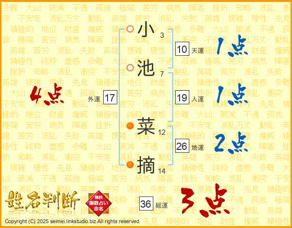 小池菜摘さんの運勢 姓名判断 名前の画数から無料で